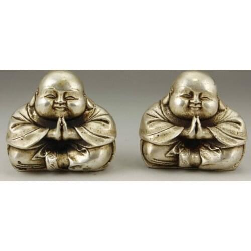 CHINESE OLD WHITE COPPER CARVING PAIR FAVORITE BUDDHA MONK STATUE