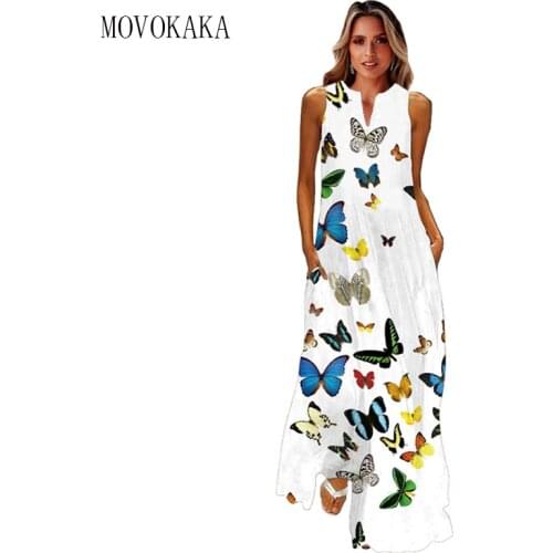 MOVOKAKA New White Butterfly Print Dress 2021 Casual Summer Beach Long Dresses Woman Plus Size Sleeveless Girls Maxi Dress Women