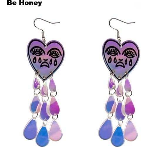 Iridescent Acrylic Made Crying Heart with Teardrops Long Dangle Earrings Vintage Style