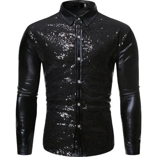Mens Shiny Black Sequin Nightclub Shirt 2020 Brand New Slim Fit Party Wedding Glitter Men Dress Shirt Stage Singer Prom Costume