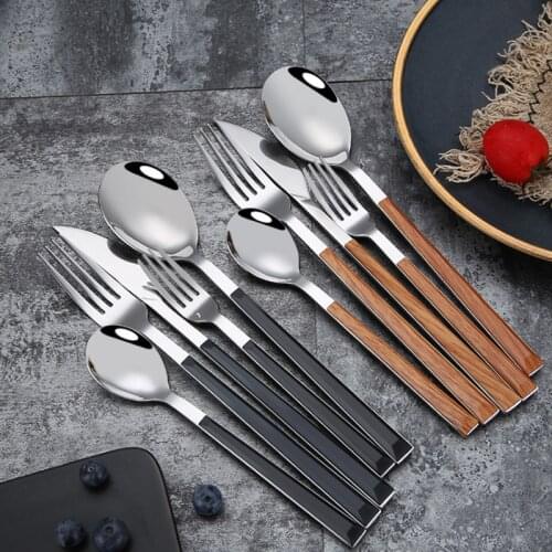 Imitation Wood Handle Cutlery Set Western Stainless Steel Tableware Set 5Pcs Kitchen Knife Fork Spoon Dinnerware Set