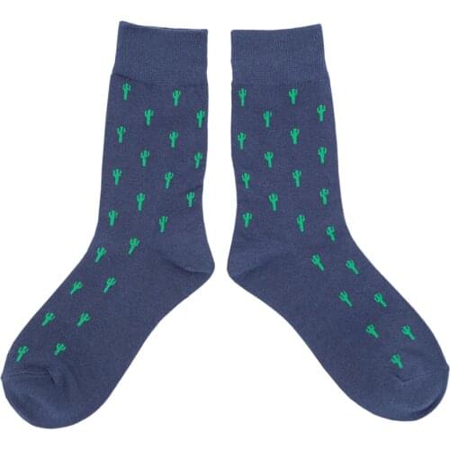 Mens Spring Autumn Cotton Crew Socks Japanese Harajuku Style Blue Cactus Pattern Fashion Trend Breathable Street Happy Socks