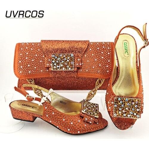 New Arrival Orange Color Italian Design Nigerian Fashion Elegant Party Wedding Ladies Shoes and Bag Decorated With Rhinestone