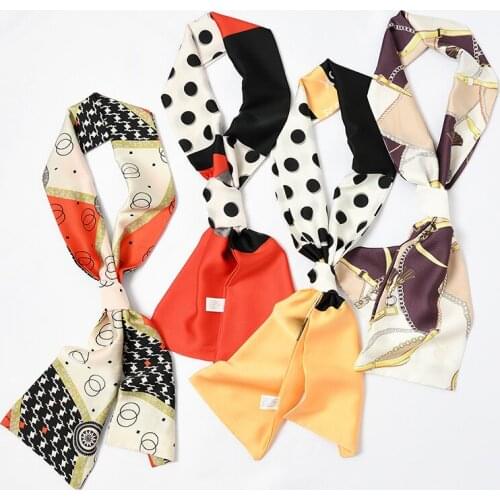 New Autumn Women Neck Tie Ribbon Silk Scarf Dot Striped Chain Link Print Neckerchief Hair Band Bag Handle Wraps Skinny Scarves