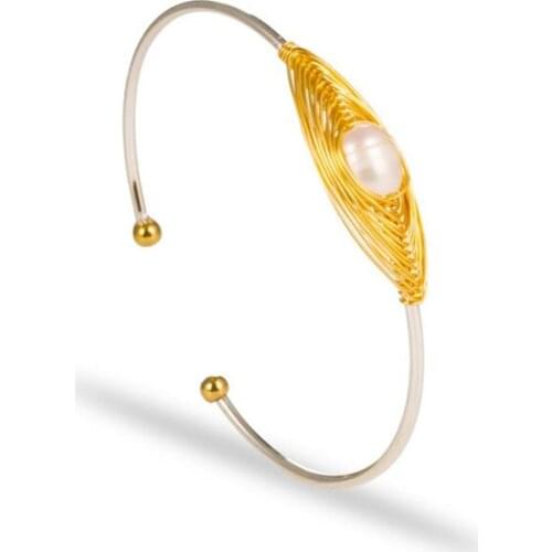 Wholesale 10 Pcs Light Yellow Gold Color Wire Wrap Irregular Shape Imitation Pearl Open Bangle Ethnic Style Jewelry