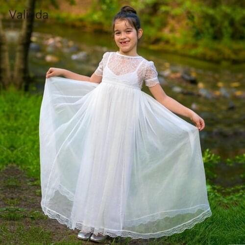 Boho Ivory Flower Girl Dresses for Wedding Short Sleeves Junior Bridesmaid Gowns