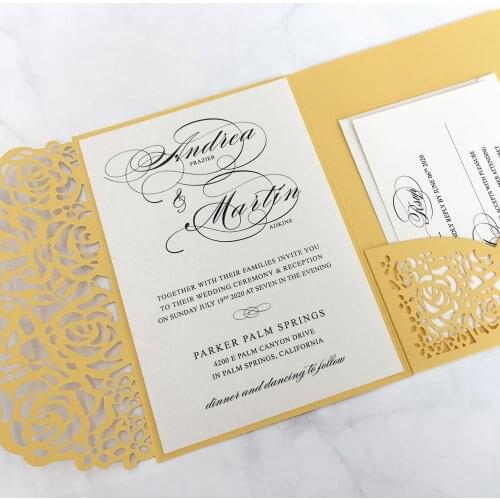 Rose Wedding Invite With RSVP Cards, Yellow Gold Invitations for Wedding - Set of 50 pcs