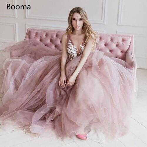 Pink Deep V-Neck Wedding Dresses Backless Lace Appliques Long Bridal Gowns Sleeveless Sashes A-Line Tulle Bride Dresses