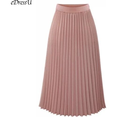 Pink Pleated Skirt Women High Waist Pleated Midi Skirt Chiffon A line Chic Elegant High Quality Winter Autumn Skirt YYW-8889