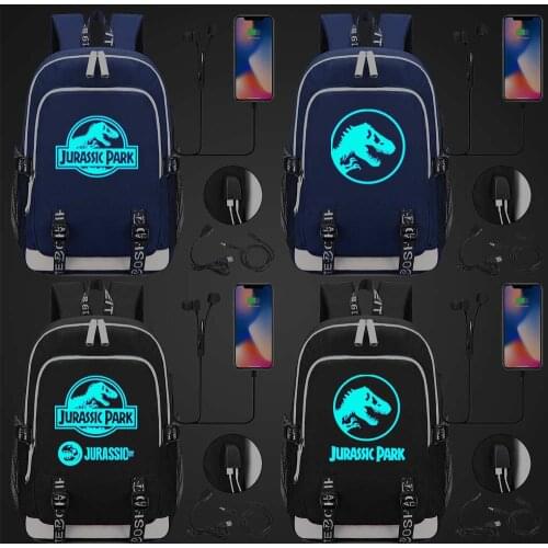 Blue Luminous Adventure Dinosaur Jurassic Park World USB Boy Girl Book School bag Women Teenagers Men Laptop Backpack Packsack
