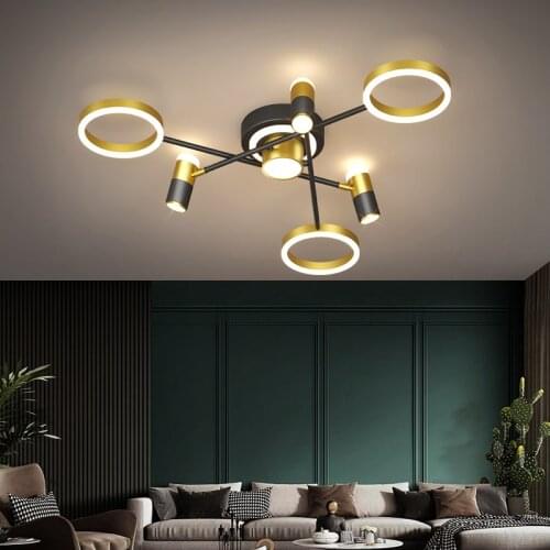 Modern Led Chandelier Lamp For Living Dining Room Bedroom Black Golden Round Ring Branch Ceiling Pendant Light With Spotlight