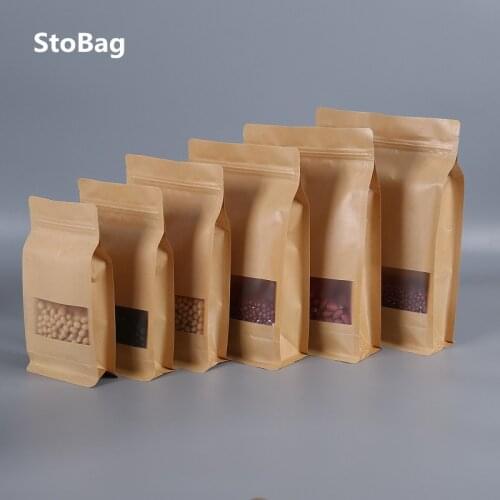 StoBag 50pcs Octagonal Sealing Dog Food Dried Fruit Packing Bag Frosted Kraft Paper Self-supporting Window Flower Tea Food Bags