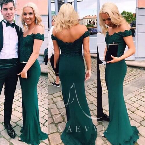 Vintage Green Satin Mermaid Bridesmaid Dresses Off the Shoulder Lace Wedding Party Gowns V-neck Momen Occasion Dress Plus Size