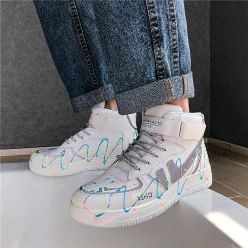Fashion High Top Men Sneakers Reflective Loafers Men Platform White Chunky Sneakers Men Hip Hop Street Shoes Tenis Masculino