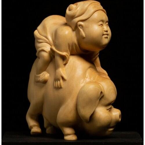 Y7520 - 2" Hand Carved Boxwood Netsuke Figurine Carving : Kid and Pig Fun