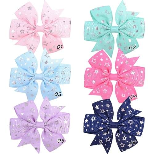 60 PCS, Silver Star Printed Pinwheel Ribbon Bow Hair Clips, School Girl Boutique Bow Alligator Clips