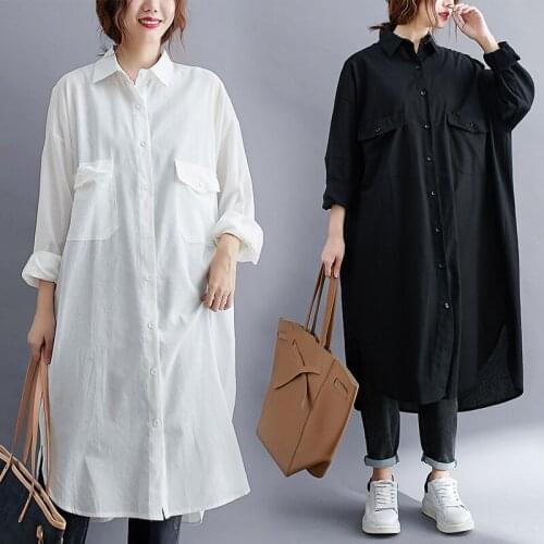 #0442 Big Size Blouse Women Spring Summer Casual Loose Shirts Womens Cotton Women Shirt Full Sleeve Black White Tops Oversize