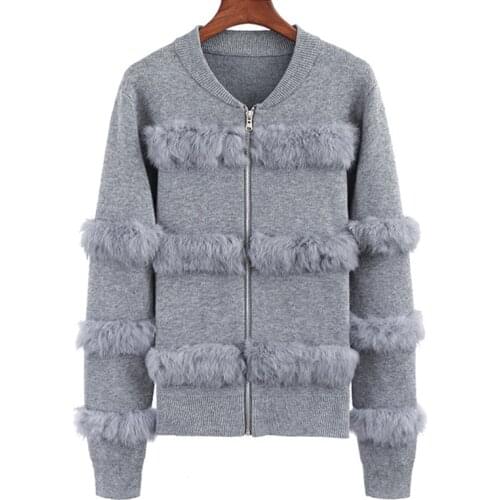 Women Zipper Up Cardigans spring new O neck long sleeve Coat with Real rabbit fur Vintage stylish sweaters Jacket wholesale
