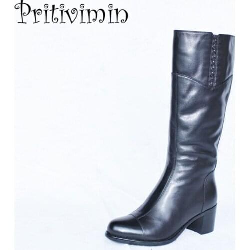 2018 Ladies cow leather bottes femmes winter women botas mujer handmade shoes girls warm fur knee high boots Pritivimin FN28