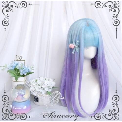 Gradient Blue Purple Lolita Wig Creamy Neon Women Harajuku Long Straight Hair Cute Bangs Adult Chic Girls Cosplay Daily Wear