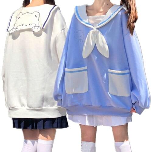 Richkeda Store New Japanese Preppy Style JK Student Women Casual Sweatshirt Bowknot Tie Sailor Collar Bear Embroidery Kawaii