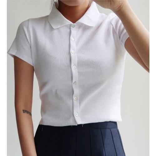 Women Short Sleeve Collared Button Up Crop Top Opaque Buttons T-shirt