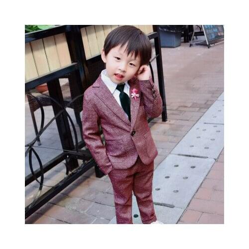 2020 Tweed Red Plaid Suits for Boy 2 Pieces Slim Fit Child Prom Dinner Wedding Suits Kids Formal Tuxedo Jacket with Pants Set