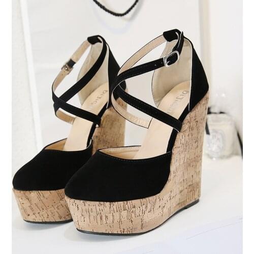 High-heeled Sandals Cover Heel Shoes 2021 Buckle Strap Round Toe Rubber Striped Wedge Heel for Woman Platform Sturdy Sole