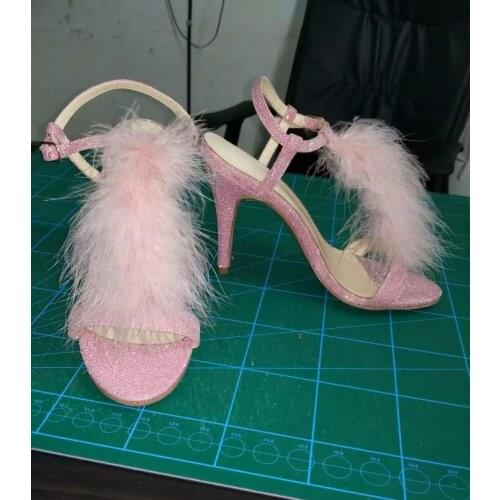 Pink Sequined Leather Feather Fur T- Strap Sandals Women Ankle Strap Thin Heel Sandal Woman Peep Toe Cut Out Party Dress Shoes