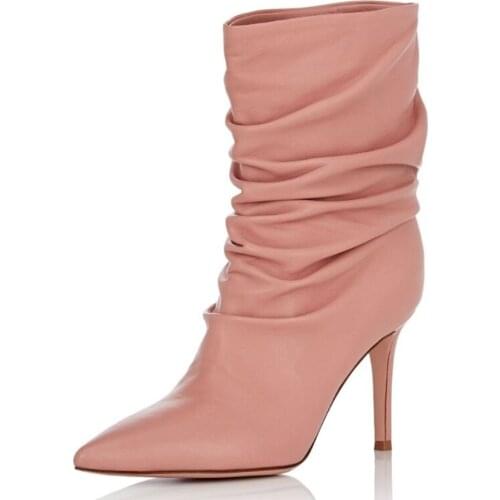 Pink Solid Mid Calf Boots Slip On High Heel Stiletto Pleated Short Boots Fashion New Arrivals Pointed Toe Color Customized