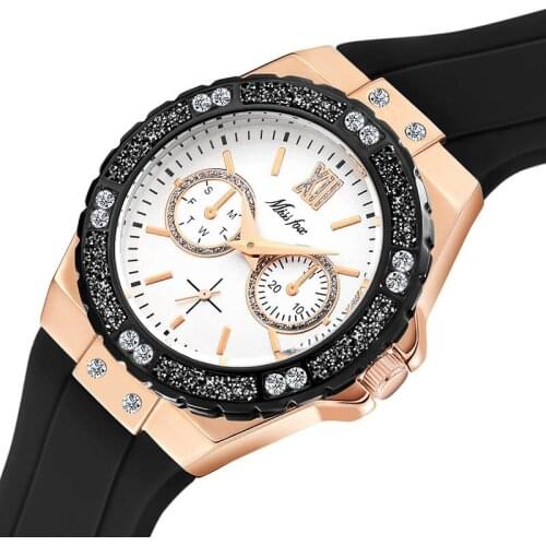 Black Sport Watch Korean Version All-match Diamond Female Wristwatch Fashion Three-eye Quartz Ladies Watch Womens Watches