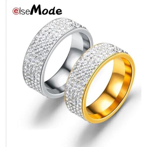 ELSEMODE 5 Row Lines Clear Crystal Wedding Rings For Women Fashion Rhinestone Stainless Steel Female Teen Jewelry anillos mujer