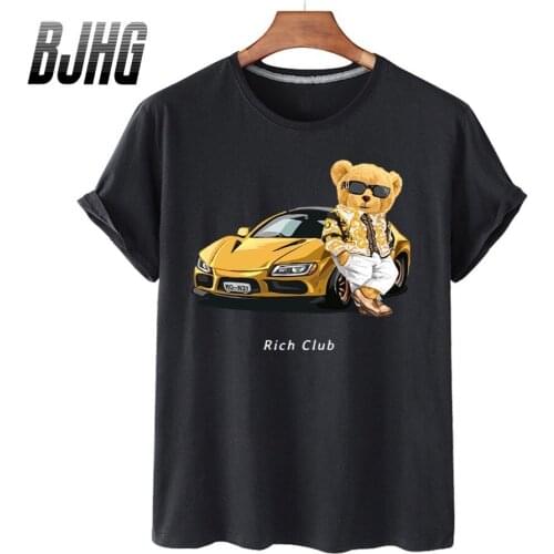 100% Cotton Sports Car Rich Bear Print Short-sleeved T-shirt Female Half-sleeved Summer Casual Oversized T-shirt Male Shirt 4XL