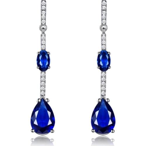 GICA GEMA Real 925 Sterling Silver Earrings For Women Girl Created Sapphire Blue GemsPromise Engagement Ear Drop Length 39mm
