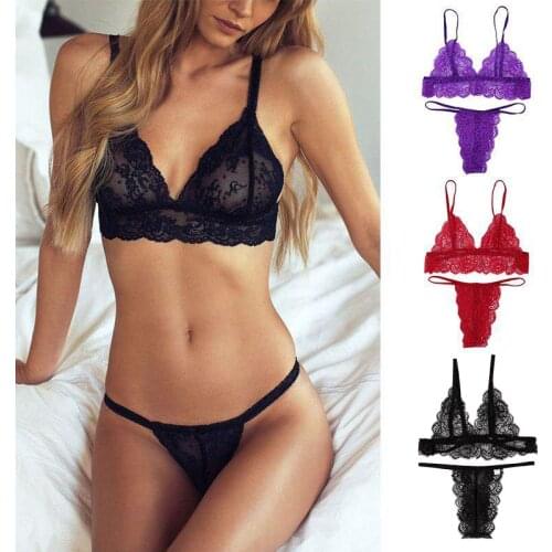 Sexy Lingerie Set Women Transparent Lace Babydoll Open Bra Set Floral Black G-String Underwear Set Nightwear Bra And Panty Sets