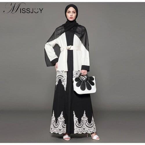 MISSJOY Women Long Sleeve White Black Contrast Color Lace Patchwork Muslim Dubai Maxi cardigan big size 5XL muslim party dress