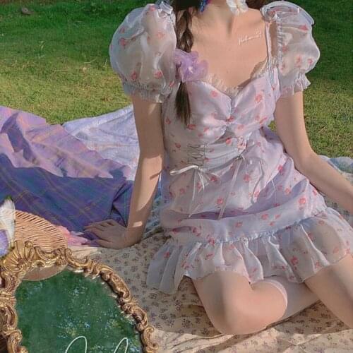 Sweet Summer Soft Girl Chiffon Dress Japanese Korean Puff Sleeve Bandage Lolita Dresses Lace Princess Harajuku Slim Floral Dress