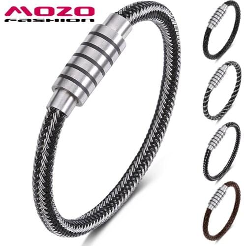 MOZO FASHION 2021 Men Jewelry Metallic Braided Rope Black Stainless Steel Magnetic Buckle Male Wholesale Bracelets Gifts 607
