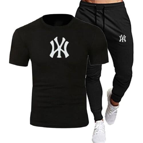 2021 Mens Casual Printed Trousers Mens New Sports T-shirt Mens Suit Round Neck T-shirt + Pants 2-piece Jogging Mens Clothing