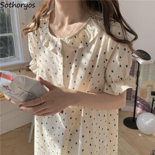 Nightgowns Women Cozy Daily Home Dress Short Sleeve Printed Loose Female Nightdress Princess Sweet Korean Style Kawaii Sleepwear