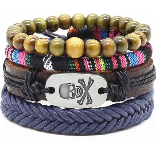 New 4pcs/set Handmade Fashion Vintage Punk Wood Bead Skull Charm Female Femme Homme Male Men Leather Bracelet For Women Jewelry