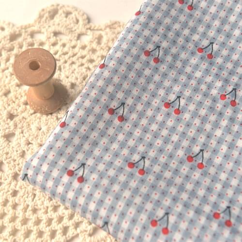 Half Meter Blue Little Plaid With Cherry Polyester Cotton Fabric For Cheongsam Shirt Dress Children Cloth Table Cloth Curtain
