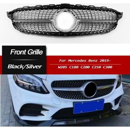 Front Bumper Grill For Mercedes Benz W205 C class 2019+ C180 C200 C300 C260 Grilles Diamond Style Silver Black