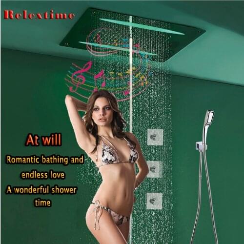 Luxury Shower Kit LED Shower Head Ceiling FM Radio Bluetooth Large-flow Thermostatic Valve with Music Rain Bubble Mist Shower
