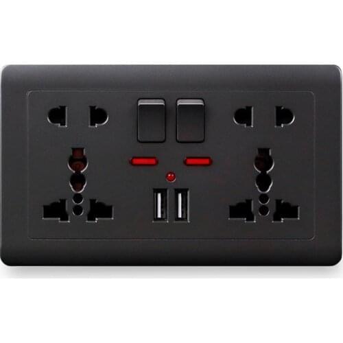 EU Standard Usb Socket, Gray Embedded Panel,2.1A Dual USB Port, AC 110-250V, UK Wall Power Socket Universal 5 Hole Outlet