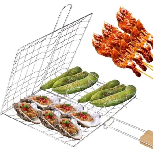 Foldable BBQ Grill Mat Grilling Basket Barbecue Grilling Stainless Steel Reusable Meat Fish Clip Holder Grill Mesh