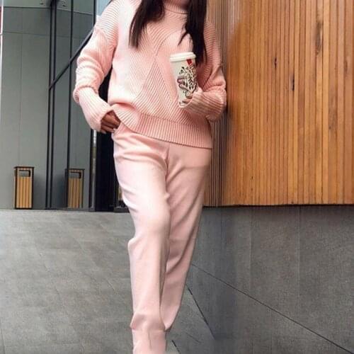 Knitted Suits Woman Sweater Suits Casual Knit Tracksuit Turtleneck Pullovers+pants 2 Pieces Sets Female Outfits Top And Pants