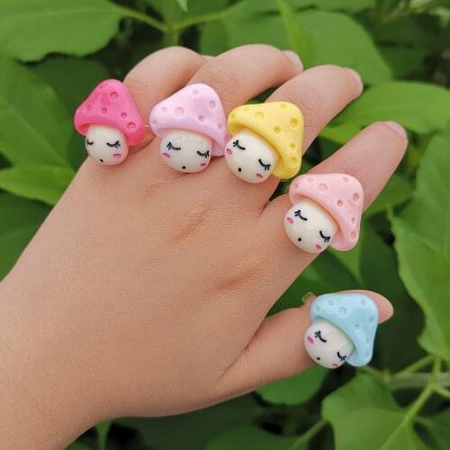 VG 6YM 2021 Cute Girl Acrylic Mushroom Ring Childlike Funny Face Fashion Childrens Jewelry Party Gift Jewelry Wholesale
