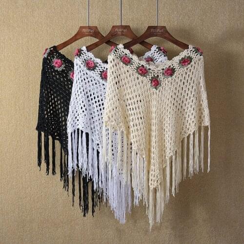 Cape Women High-grade Crochet Hook Flower Fringed Cloak Hollow Out Female 2017 Summer new Irregular Poncho Shawl