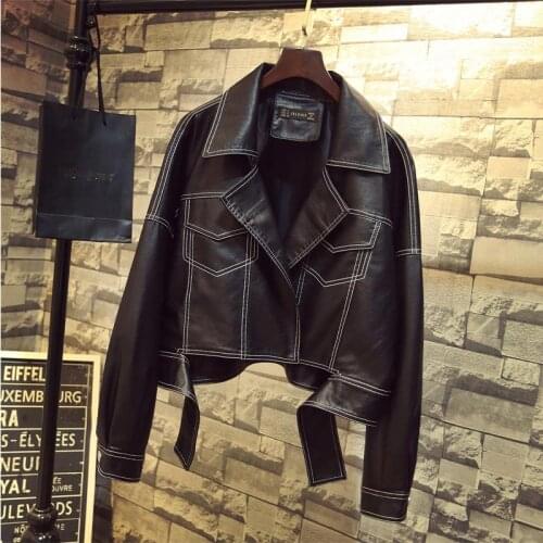 2019 Autumn Faux Leather Jacket Women Loose Turndown Collar Single Breasted Motorcycle Leather Coats
